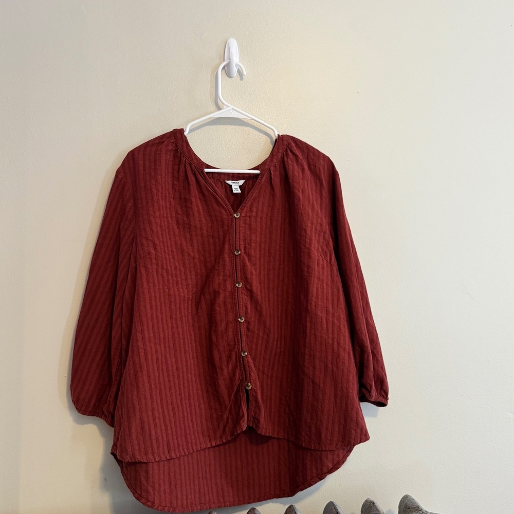 Women Striped Button Front Blouse Rust Size PXXL Cotton Blend Boho Indie Basics